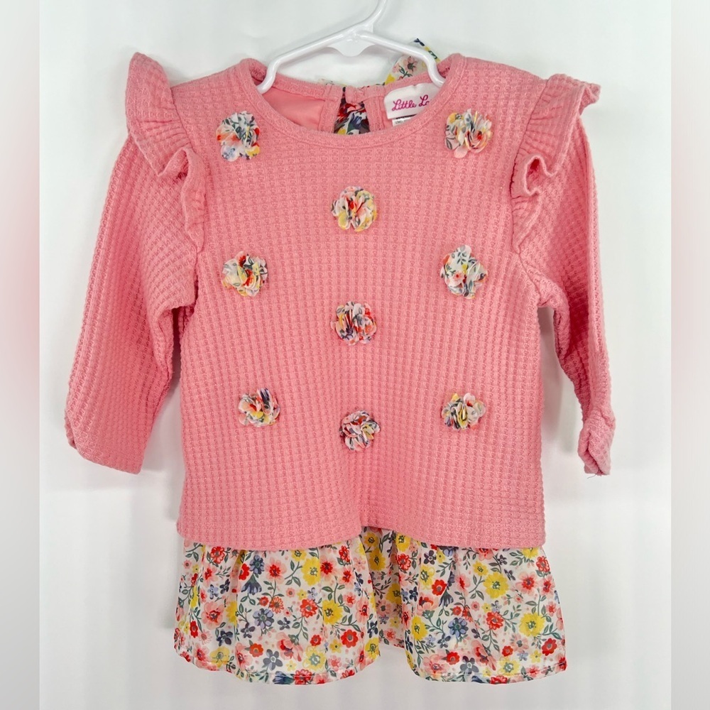 Little Lass pink and floral long sleeve waffle knit top ruffle shoulders size 3T